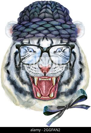 Hand drawn Tiger in black winter hat. Watercolor drawing white tiger head, blue eyes Stock Photo