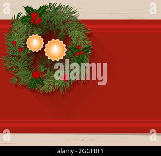 Christmas wreath of fir branches with burning candles inside. Red tablecloth, top view. Vector illustration, flat, carton Stock Vector