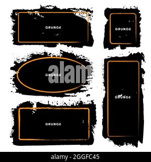 Set of black grunge brush strokes. Distress texture with golden grungy frame. Trendy design element for border frames, banners, poster, badges, labels Stock Vector