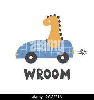 Dinosaur in the car with an inscription-wroom. Cute cartoon character in simple childish hand drawn style. Vector illustration of colorful palette Stock Vector