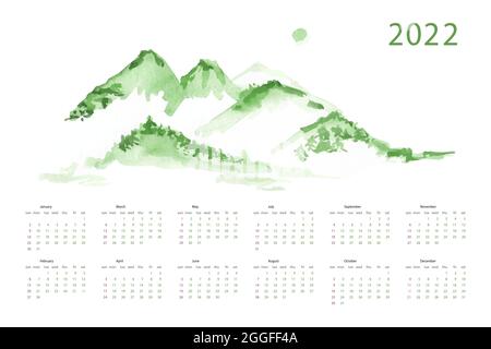 Calendar for 2022 with green watercolor Chinese mountains. Vector illustration. Stock Vector