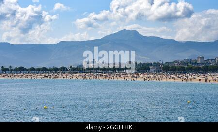 Hondarribia, Spain - 29 Aug 2021: Summer on the beach of Hondarribia, Basque Country, Spain Stock Photo