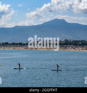 Hondarribia, Spain - 29 Aug 2021: Summer on the beach of Hondarribia, Basque Country, Spain Stock Photo