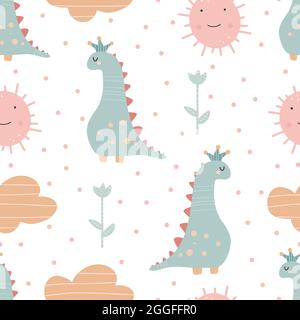 Cute dinosaur pattern - hand drawn childish dinosaur seamless pattern design. Vector illustration Stock Vector