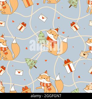 Seamless pattern with cute foxes. New Years Animal in Santa hat and with a Christmas tree on blue background with a net and gifts. Vector illustration Stock Vector