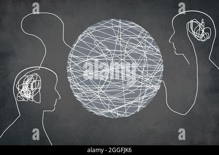 Two human heads connected to lines in a circle, communication, thinking together Stock Photo