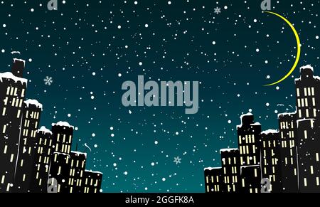 Cartoon city on the background of the winter night sky. Snowflakes, snow and moon in the sky over the city. Stock Vector