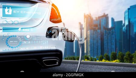 EV charging station for electric car in concept of alternative green energy produced from sustainable resources to supply to charger station in order Stock Photo