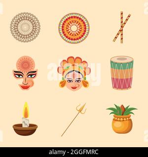 nine happy navratri icons Stock Vector