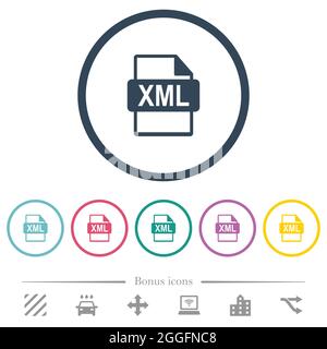 XML file format flat color icons in round outlines. 6 bonus icons included. Stock Vector
