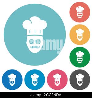 master chef with glasses and mustache flat white icons on round color backgrounds Stock Vector