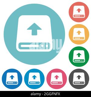 Upload from hard disk flat white icons on round color backgrounds Stock Vector