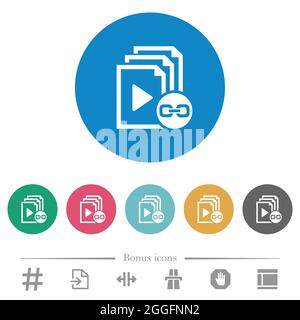 Link playlist flat white icons on round color backgrounds. 6 bonus icons included. Stock Vector
