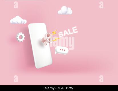 digital marketing concept with illustration of megaphone with perspective 3D smartphone for internet marketing advertising promotion Stock Vector