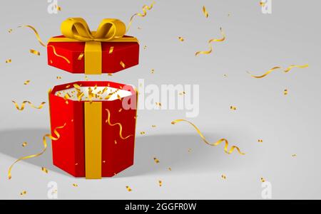 3D render realistic red gift box with yellow bow. Paper box with red ribbon and shadow isolated on gray background. Vector illustration. Stock Vector