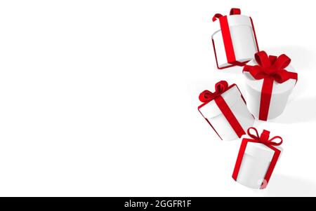 3D realistic paper white gift boxes with red ribbon and bow. Paper boxes falling on white background. Vector illustration. Stock Vector