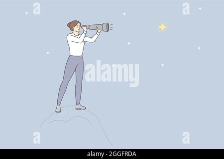 Looking at stars with binoculars concept. Young woman cartoon character standing looking at stars on sky through binoculars vector illustration  Stock Vector