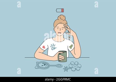 Tiredness and stress of young mother concept. Young woman mother sitting with hot drink feeling low energy stressed exhausted vector illustration  Stock Vector