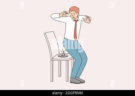 Deadlines and stress in business concept. Young stressed frustrated businessman looking with panic at chair with push button on it vector illustration  Stock Vector