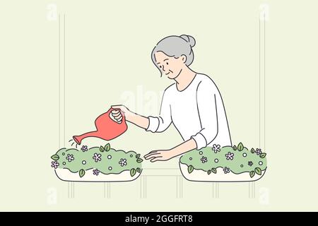 Elderly people happy lifestyle concept. Smiling old mature elderly woman grandmother standing watering flowers in pots on balcony vector illustration  Stock Vector