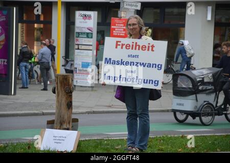 Lateral thinker demonstration against 'compulsory vaccination' -  Schlossstrasse in Steglitz, Berlin, Germany - August 31, 2021. Stock Photo