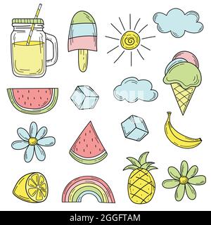 Cute colorful summer icons. Hand drawn set of summer elements for design. Lemonade, fruits, sun, flowers. Stock Vector