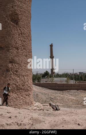 Historical minarets in Herat was built In the reign of Shahrukh Mirza in 1438, Afghanistan Stock Photo
