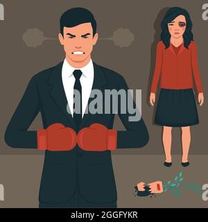 Domestic violence. Angry father, sad boy. Bullying and abusing behavior Stock Vector