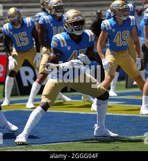 August 28, 2021 - UCLA Bruins linebacker Mitchell Agude #45 warms up prior to a game between the UCLA Bruins and the Hawaii Rainbow Warriors at the Rose Bowl in Pasadena, CA - Michael Sullivan/CSM Stock Photo