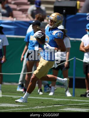 August 28, 2021 - UCLA Bruins wide receiver Matt Sykes #12 warms up prior to a game between the UCLA Bruins and the Hawaii Rainbow Warriors at the Rose Bowl in Pasadena, CA - Michael Sullivan/CSM Stock Photo