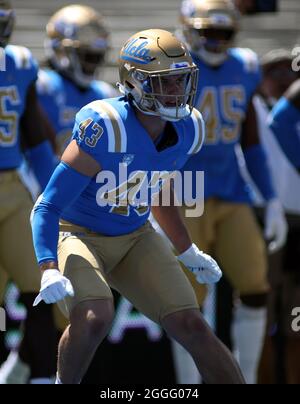 August 28, 2021 - UCLA Bruins linebacker James Dinneen #43 warms up prior to a game between the UCLA Bruins and the Hawaii Rainbow Warriors at the Rose Bowl in Pasadena, CA - Michael Sullivan/CSM Stock Photo
