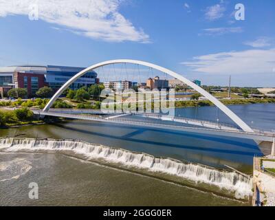 Aerial photograph of downtown Des Moines, Iowa, USA on a beautiful summer afternoon. Stock Photo