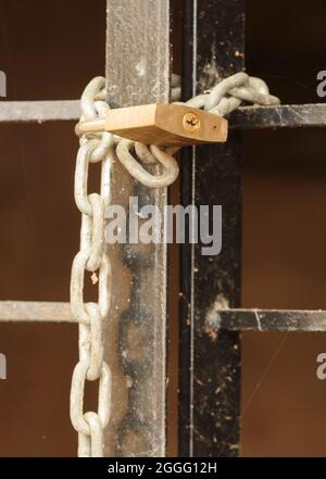 Close up image of a padlock closing a barred door Stock Photo