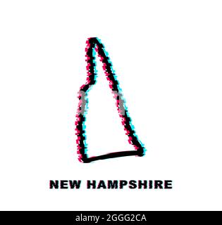 Glitch Map of New Hampshire State United States of America, New Hampshire outline. Blue glowing outline. Vector illustration. Stock Vector