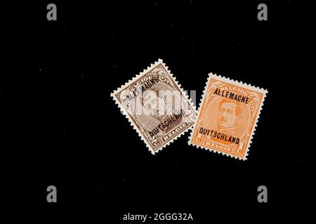 Postage stamps from Belgium used in 1919 ally-occupied Germany to offset shortage of German postage stamps; stamped with Germany in French and Flemish Stock Photo