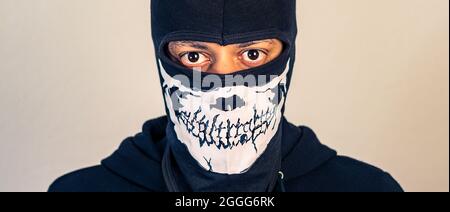 Man in a black and white mask, web banner. Stock Photo