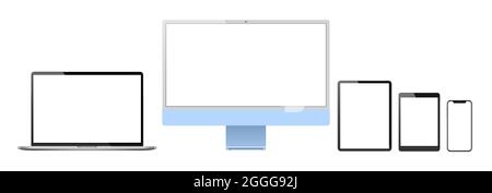 Realistic set of 2021 new design thin frame Computer monitor, laptop, tablet, smart phone - Eps 10 Vector template mock up. Stock Vector