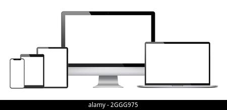 Realistic set of 2021 new design thin frame Computer monitor, laptop, tablet, smart phone - Eps 10 Vector template mock up. Stock Vector