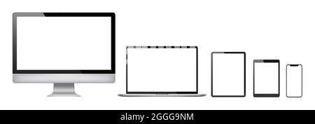 Realistic set of 2021 new design thin frame Computer monitor, laptop, tablet, smart phone - Eps 10 Vector template mock up. Stock Vector
