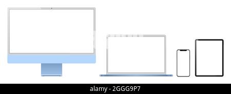 Realistic set of 2021 new design thin frame Computer monitor, laptop, tablet, smart phone - Eps 10 Vector template mock up. Stock Vector