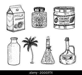 Coconut and palm leaf, Milk packaging, glass bottle, butter, cosmetic cream jar. Vintage style. Tropical food illustration Stock Vector