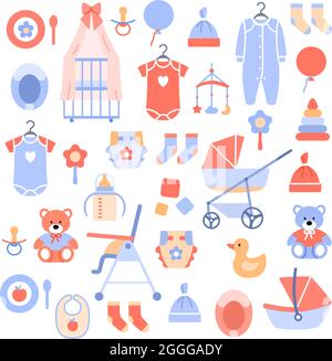 Newborn baby accessories icons set on white Stock Vector