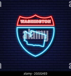 Neon Map of Washington State United States of America, Washington outline. Blue glowing outline. Vector illustration. Stock Vector