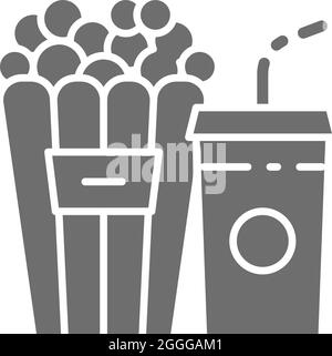 Popcorn snack and drink, cinema food grey icon. Stock Vector