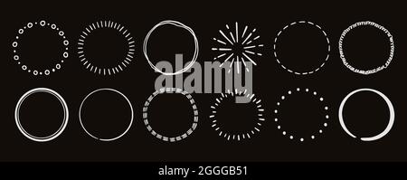 Hand drawn chalkboard circle line badge set. Rustic, chalk grunge style circle badge for frame, label, burst border. Vector illustration. Drawn brush scribble line. Stock Vector