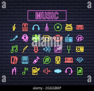 Music neon icon in flat style. Music, voice, record icon. Vector stock illustration. Stock Vector