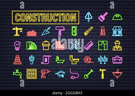 Outline web neon icons set. Construction and home repair tools, building. Work safety. Vector stock illustration. Stock Vector
