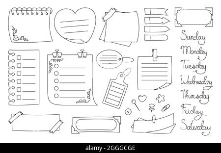 Notebook paper sticky note black line set. Blank sticker with elements of planning and days week. Abstract graphic notepad curled corner, push pin. Various tag business office, reminds sheets writing Stock Vector