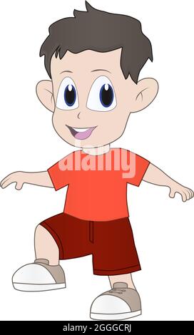 Cartoon illustration of a friendly little boy walking cheerfully Stock Photo