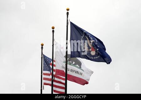 Flags at the Ronald Reagan Presidential Library, Wednesday, Aug. 18, 2021, in Simi Valley, Caif. Stock Photo